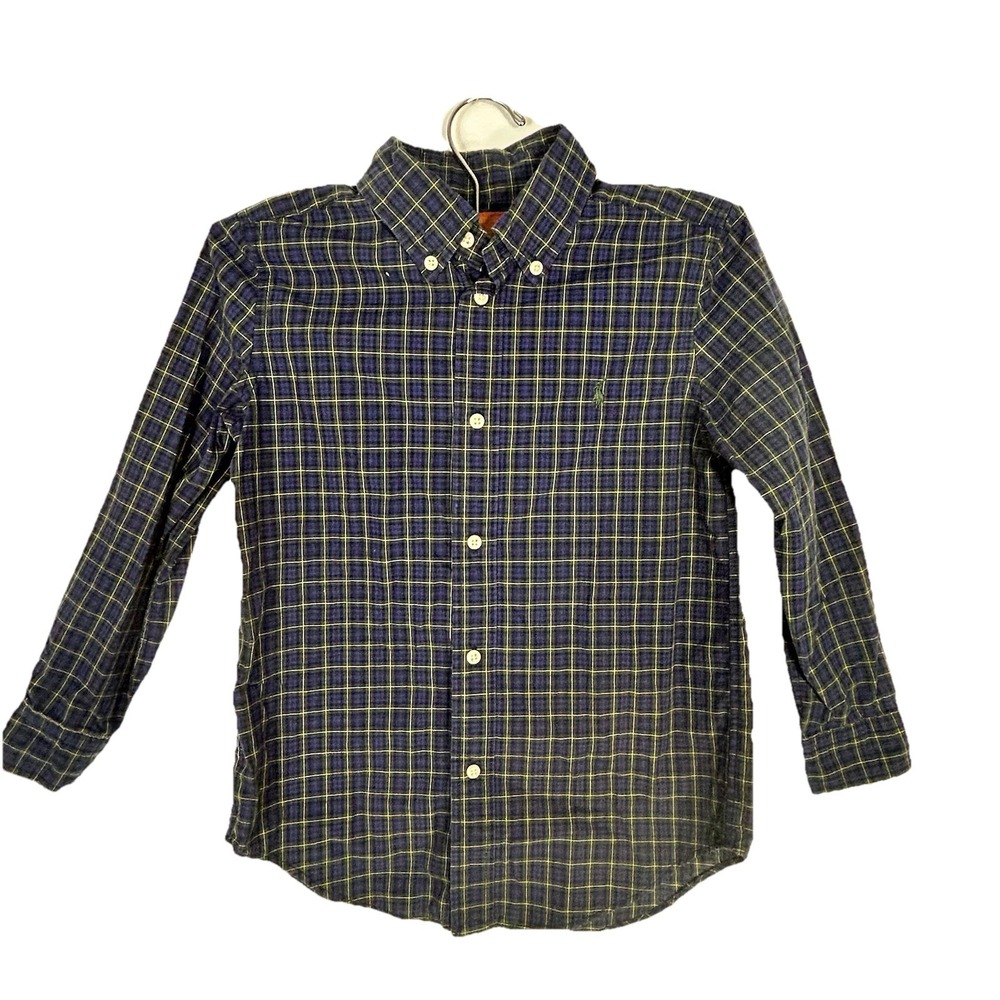 Ralph Lauren Boys Shirt Button Down Plaid Blue Green Cotton Longsleeves Size 6